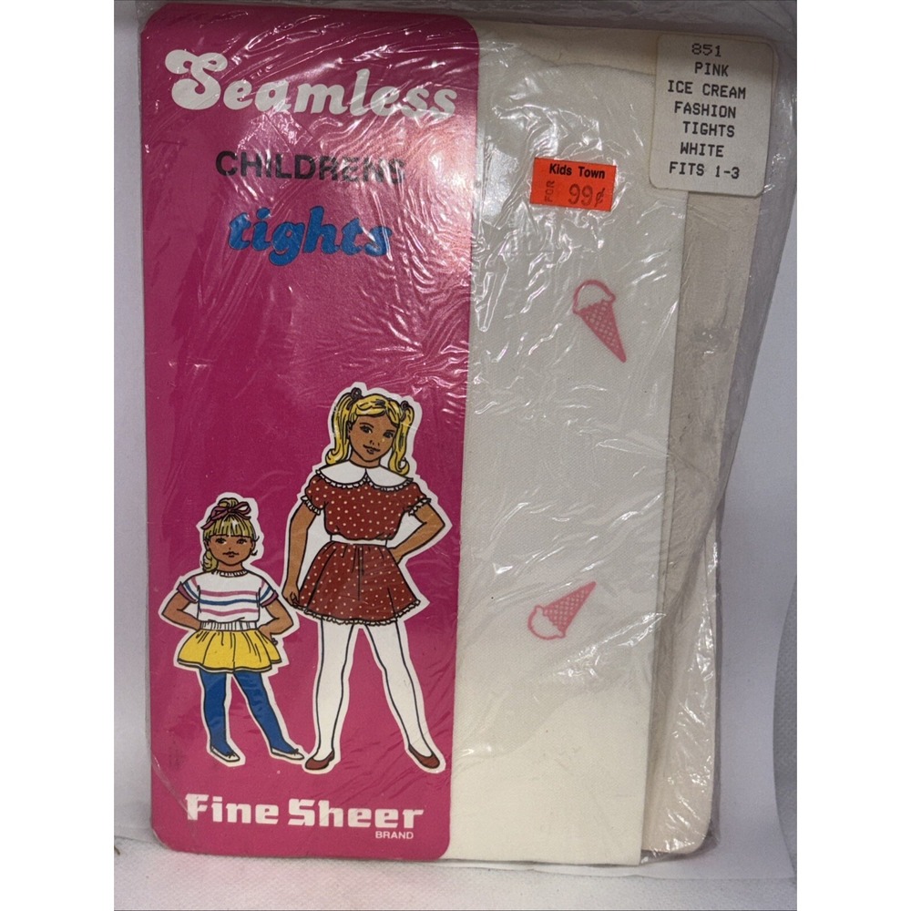 Vintage Children's Tights Fine Sheer Brand White With Pink Ice Cream Size 1-3